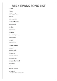 Mick Evans Song List 1