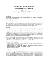 Ionic Bonding, an Introduction to Materials and to Spreadsheets