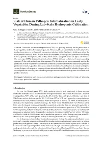 Risk of Human Pathogen Internalization in Leafy Vegetables During Lab-Scale Hydroponic Cultivation