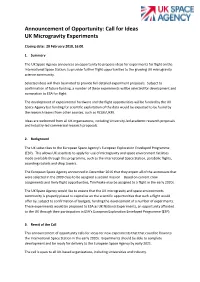 Call for Ideas UK Microgravity Experiments
