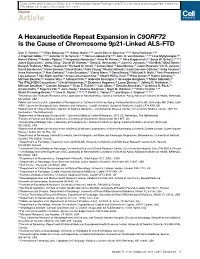 A Hexanucleotide Repeat Expansion in C9ORF72 Is the Cause of Chromosome 9P21-Linked ALS- FTD, Neuron (2011), Doi:10.1016/J.Neuron.2011.09.010 Neuron Article