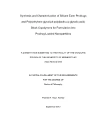Synthesis and Characterization of Silicate Ester Prodrugs and Poly(Ethylene Glycol)