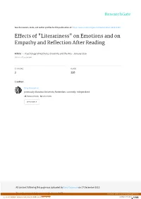 "Literariness" on Emotions and on Empathy and Reflection After Reading