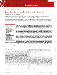 Talin-1 Is the Principal Platelet Rap1 Effector of Integrin Activation