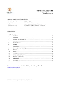 National Policy on Match Fixing in Netball