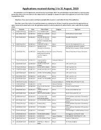 Applications Received During 1 to 31 August, 2019