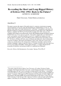 Re-Reading the Short and Long-Rigged History of Eritrea 1941–1952: Back to the Future? ASTIER M