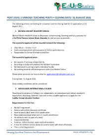 Post Level 1 Various Teaching Posts – Closing Date: 31 August 2021