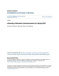 University of Montana Commencement List, Spring 2020
