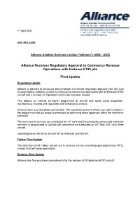 Alliance Receives Regulatory Approval to Commence Revenue Operations with Embraer E190 Jets