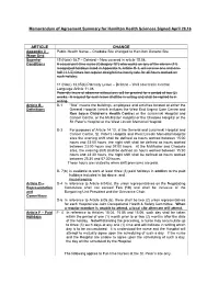 Memorandum of Agreement Summary for Hamilton Health Sciences Signed April 29,16