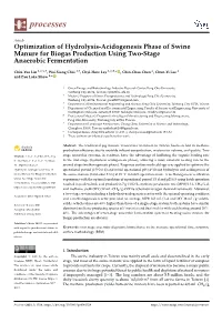 Optimization of Hydrolysis-Acidogenesis Phase of Swine Manure for Biogas Production Using Two-Stage Anaerobic Fermentation
