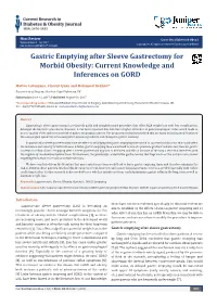 Gastric Emptying After Sleeve Gastrectomy for Morbid Obesity: Current Knowledge and Inferences on GORD