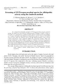 Screening of 239 Paraguayan Plant Species for Allelopathic Activity Using the Sandwich Method