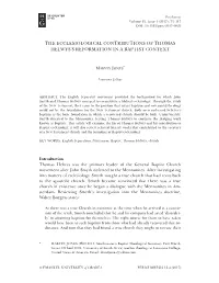 The Ecclesiological Contributions of Thomas Helwys's Reformation in A
