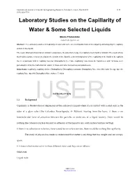 Laboratory Studies on the Capillarity of Water & Some Selected Liquids