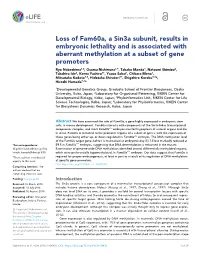 Loss of Fam60a, a Sin3a Subunit, Results in Embryonic Lethality and Is Associated with Aberrant Methylation at a Subset of Gene