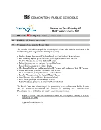 Summary of Board Meeting #17 Held Tuesday, May 26, 2009