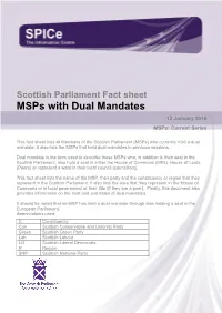 Fact Sheet Msps with Dual Mandates 12 January 2016 Msps: Current Series