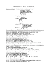 READING LIST for IED 366 SHAKESPEARE