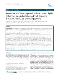 Assessment of Hematopoietic Failure Due to Rpl11 Deficiency in a Zebrafish Model of Diamond-Blackfan Anemia by Deep Sequencing