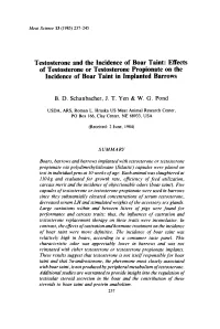 Testosterone and the Incidence of Boar Taint: Effects of Testosterone Or Testosterone Propionate on the Incidence of Boar Taint in Implanted Barrows