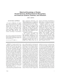 Historical Knowledge of Sharks: Ancient Science, Earliest American Encounters, and American Science, Fisheries, and Utilization