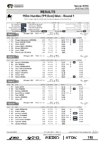 RESULTS 110M Hurdles (99.0Cm) Men - Round 1 First 3 in Each Heat (Q) and the Next 4 Fastest (Q) Advance to the Semi-Finals