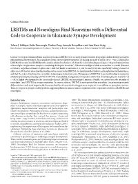 Lrrtms and Neuroligins Bind Neurexins with a Differential Code to Cooperate in Glutamate Synapse Development