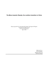 Preliminary Outline for Obesity in China