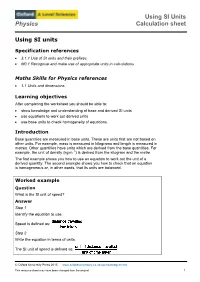 Using SI Units Calculation Sheet Physics