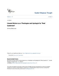 Howard Brinton As a Theologian and Apologist for "Real Quakerism"