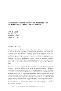 Archdeacon Thomas Vincent of Moosonee and the Handicap of "Metis" Racial Status