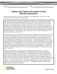 Edison and Tesla: Innovation of the Electric Generator Read This Passage with Your Partner Or Small Group