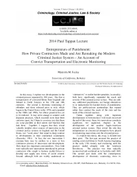 2014 Paul Tappan Lecture Entrepreneurs of Punishment: How Private Contractors Made and Are Remaking the Modern Criminal Justice