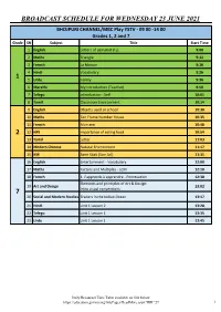 Broadcast Schedule for Wednesday 23 June 2021