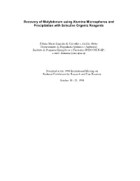 Recovery of Molybdenum Using Alumina Microspheres and Precipitation with Selective Organic Reagents