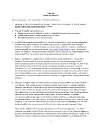 1 Transcript Health and Behavior Lecture Companion to the Text