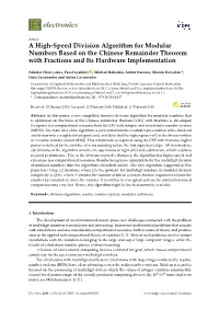 A High-Speed Division Algorithm for Modular Numbers Based on the Chinese Remainder Theorem with Fractions and Its Hardware Implementation