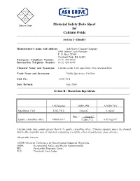 Material Safety Data Sheet for Calcium Oxide ------Section I - Identity