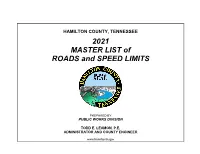 MASTER LIST of ROADS and SPEED LIMITS