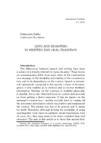 Lists and Registers in Written and Oral Tradition