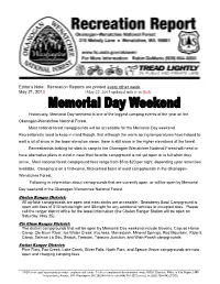 Recreation Reports Are Printed Every Week Through Memorial