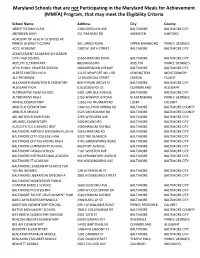 Maryland Schools That Are Not Participating in the Maryland Meals for Achievement (MMFA) Program, That May Meet the Eligibility Criteria