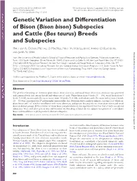 Genetic Variation and Differentiation of Bison (Bison Bison) Subspecies and Cattle (Bos Taurus) Breeds and Subspecies