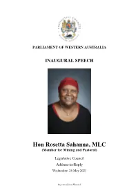 Hon Rosetta Sahanna, MLC (Member for Mining and Pastoral)