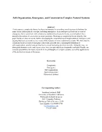 Selforganization, Emergence, and Constraint in Complex Natural
