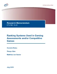 Ranking Systems Used in Gaming Assessments And/Or Competitive Games