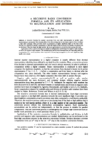 A Recursive Radix Conversion Formula and Its Application to Multiplication and Division