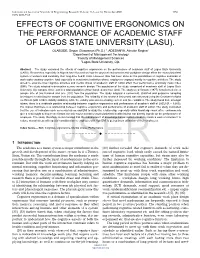 Effects of Cognitive Ergonomics on the Performance of Academic Staff of Lagos State University (Lasu)